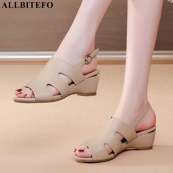 

sandals allbitefo wedges heel open toe real genuine leather summer women heels for girls fashion casual high shoes, Black