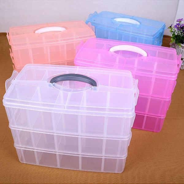 

jewelry pouches, bags 3 layers 30 grids transparent plastic storage box compartment adjustable container for rectangle case, Pink;blue