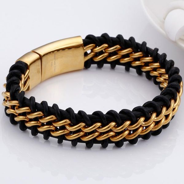 

tennis charm men's black cowhide braided simple leather bracelet gold color stainless steel punk wristband homme armband male jewelry, Golden;silver