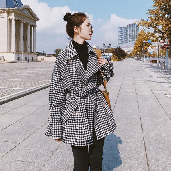 

women's wool & blends [ewq] 2021 autumn winter woolen coat female long sleeve plaid lace up waist coats women fashion clothing 2w1302, Black