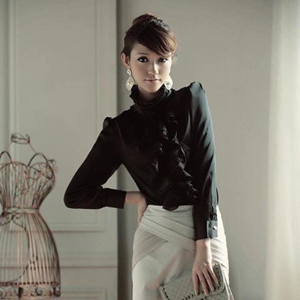 

ly spring autumn women chiffon shirt long sleeve high-necked vintage blouse ruffles lady casual shirts vk-ing women's blouses, White