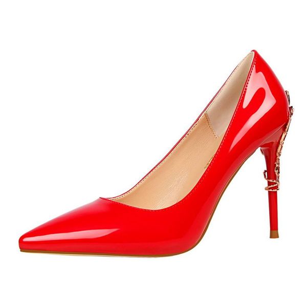 

pumps classic metal carved heels women's party shoes shallow patent leather fashion women pointed high 10cm dress, Black