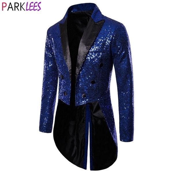 Royal Blue Paillon Glitter Tuxedo Blazer Männer Doppelbrustes Patchwork -Kragen Heckcoat Anzüge Herren Party Stufe Sänger Prom Kostüm 210522