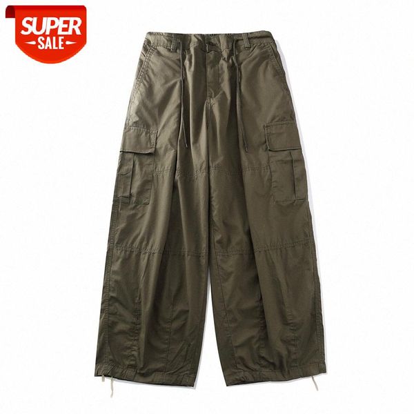 

japanese solid color multi-pocket overalls men's street retro loose wide-leg drawstring pants #xt5m, Black