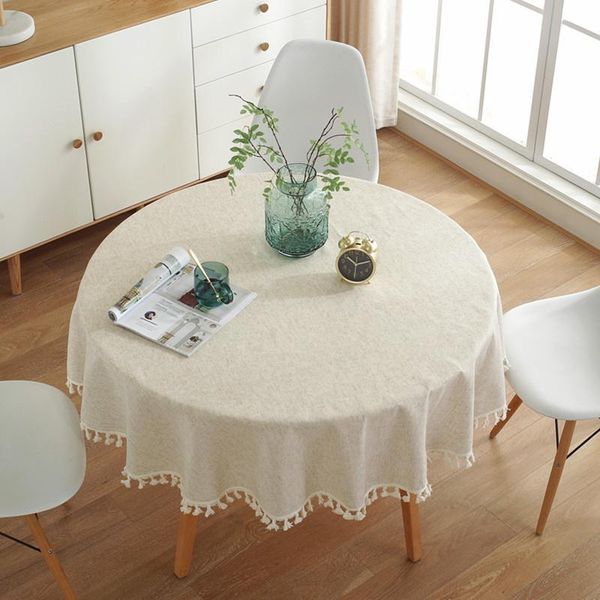 

table cloth solid color round tablecloth white tassel decoration tea protector cotton linen cover picnic dinning decor