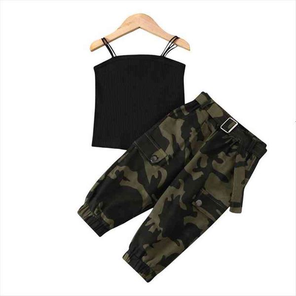 

2-7years fashion toddler kids girls outfits summer children sleeveless vest camouflage print pocekt long pants clothes sets, White