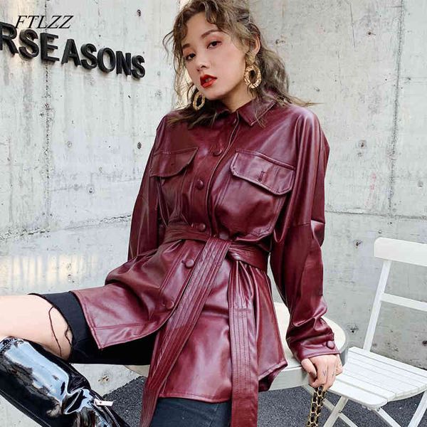 

women faux leather long jackets autumn winter lady elegant tie belt waist pockets buttons wine red black pu street coats 210423
