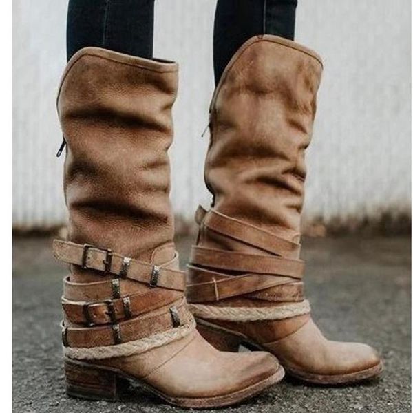 

women's high boots buckle strap knight fashion heels riding women size 43 mid-calf winter rome square leather western booties, Black