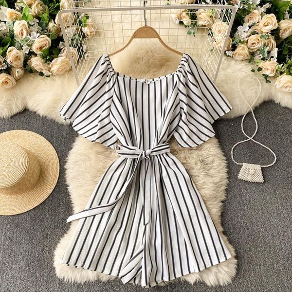 

spring european and american women jumpsuits one piece short sleeved lace up waist shorts with thin wide legged c543, Black;white