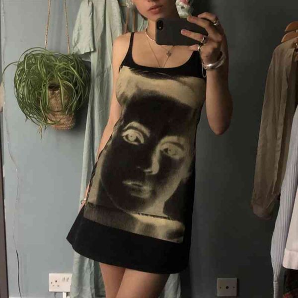 

graphic print cami dress harajuku streetwear 90s vintage women sleeveless spaghetti strap bodycon dress punk style gothic, Black;gray