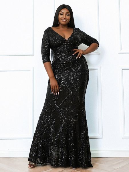 

seomiscky plus plunging neck floor length sequins prom dress 136x#, Black