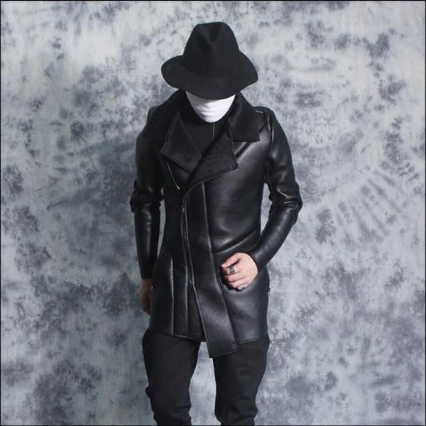 

men's fur & faux s-3xl autumn and winter men locomotive punk long leather jacket tide personality stitching zipper slim singer costume, Black