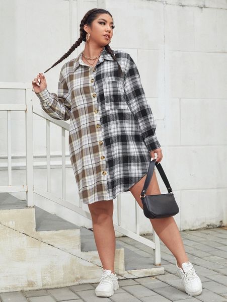 

plus plaid colorblock drop shoulder patched pocket shirt dress 62bx#, Black