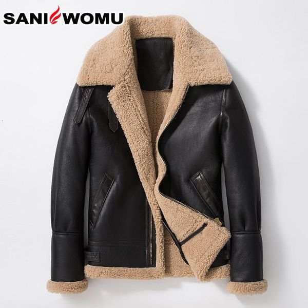 

men's leather & faux original ecology sheepskin fur man genuine coat short turn down collar thick warm b3 flight clothes shearling jack, Black