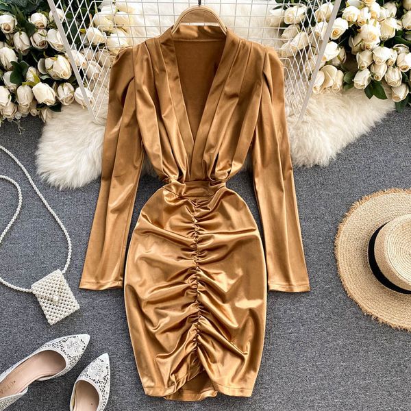 

casual dresses female singer v deep dress short autumn ruched thin solid fashion pencil dressed skinny korean style streetwear f0gx, Black;gray