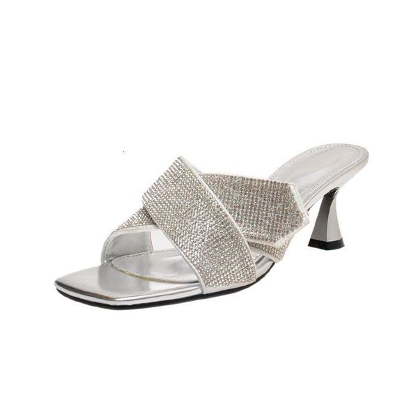 

slippers square toe open crystal stiletto high heel sandals women nightclub outer wear mid-heel and oi43, Black