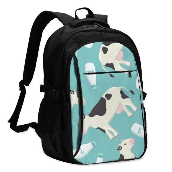 

backpack usb charge women cheerful white-black spotted cow and milk bottle student letters school bag tgirls