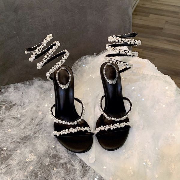 

rene caovilla cleo sandals pearl crystals gem embellished stiletto heels evening shoes women high heeled luxury designers wraparound dress t, Black