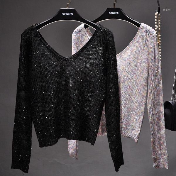 

women's sweaters women sequined thin black long sleeve v-neck jumper backless bling party knipullover sweater lady, White;black