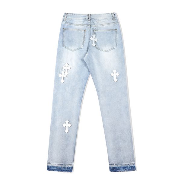 

ch factory crosin cross cloth embroidery jeans men's high street fashion brand knee hole straight street trend casual pants, Black