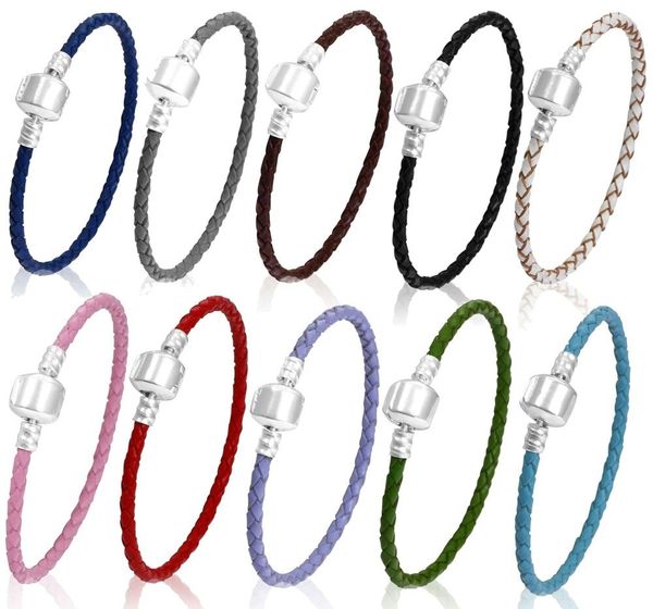 

16-21cm 10 colours fine jewelry woven 100% genuine leather bracelet 925 silver clasp bead fits pandora charms bracelet diy marking women, Golden;silver