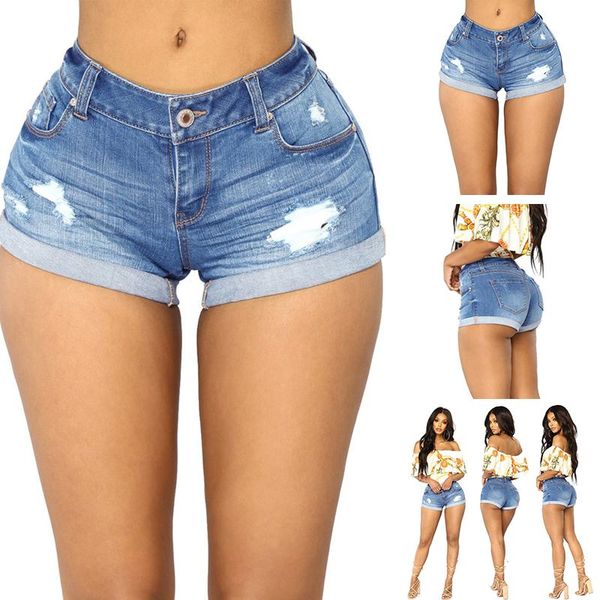 

women's jeans pants european and american fashion denim light color original side wash slim shorts, Blue