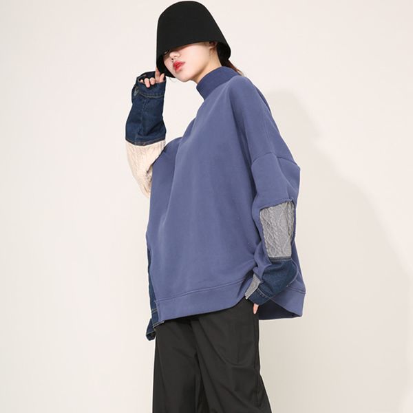 

[ewq] spring autumn over size sweatshirts new female casual tutle neck long-sleeved pullover patchwork knit denim gray 210423, Black