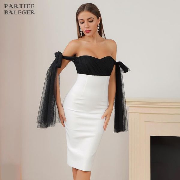 

casual dresses pb ng 2021 chic color block dot mesh straped design off shoulder celebrity party club bandage midi dress, Black;gray