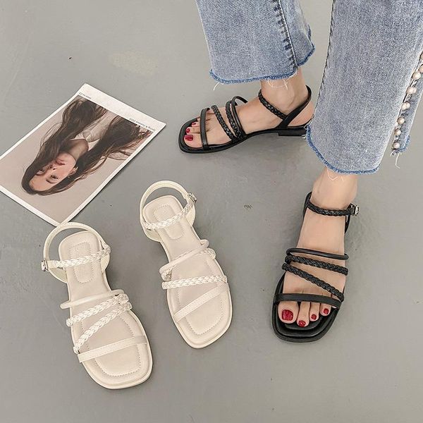 

sandals 2021 comfort shoes for women buckle clear heels suit female beige all-match low summer strap flat girls fashion, Black
