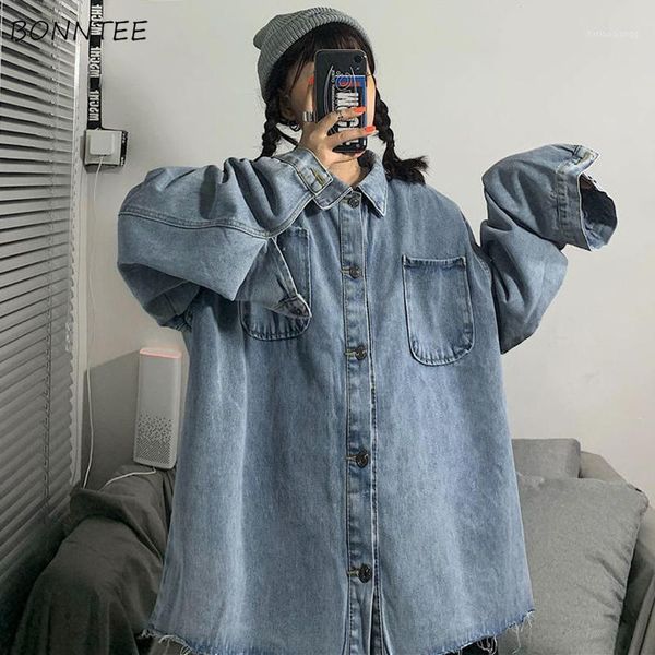 

jackets women oversize solid denim vintage students harajuku turn-down collar loose leisure daily womens chic korean fashion women's, Black;brown