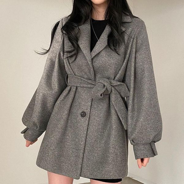 

women's jackets [ewq] jacket fashion autumn 2021 lapel loose single breasted long lantern sleeve tweed coat female tide 5e2964, Black;brown