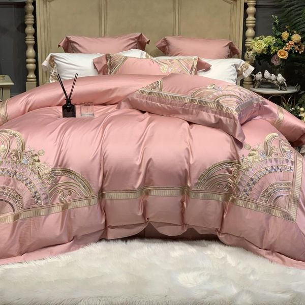 

bedding sets luxury pink champagne egyptian cotton embroidery set soft silky  king size duvet cover bed sheet pillowcases 4pcs