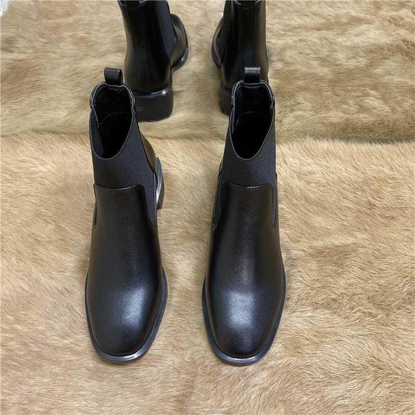 

boots deat 2021 spring autumn fashion casual thick-heeled black elastic leather single shoes women short cool sf3091