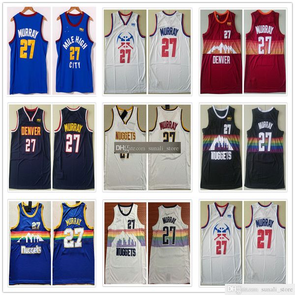 

sewn men jamal 27 murray jerseys 2021 earned white city orange blue navy rainbow basketball college shirts sewn embroidery, Black;red