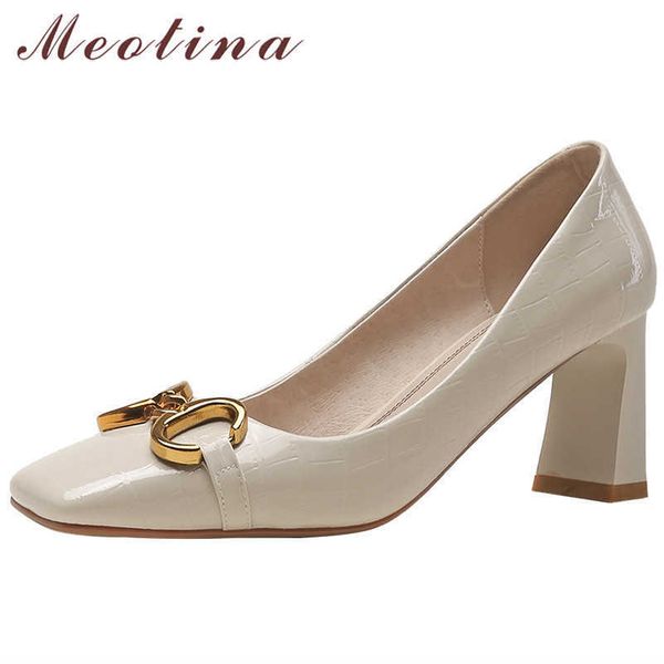 

meotina woman shoes natural genuine leather pumps square toe high heels metal decoration thick heel shoes ladies footwear beige 210608, Black