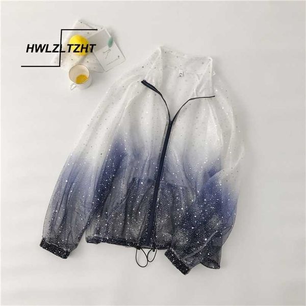 Harajuku Sonnenschutz Mantel Langarm Transparente Jacke Farbverlauf Pailletten Weibliche Frauen Dünne Plus Größe Feminine 211029