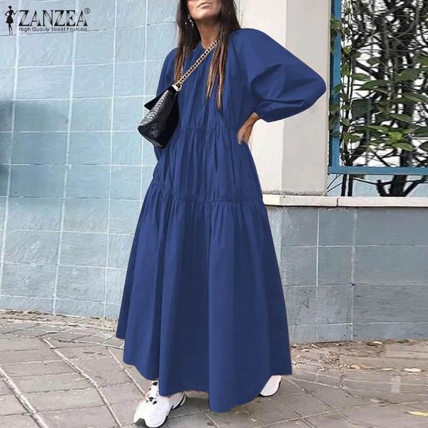

autumn maxi long dress fashion women puff sleeve sundress casual o neck ruffles party vestidos loose solid dresses, Black;gray