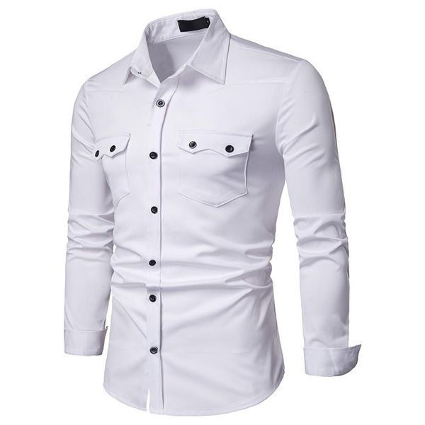 

men's casual shirts solid business long sleeve fitness men slim with pocket harajuku preppy work chemise homme clothes, White;black