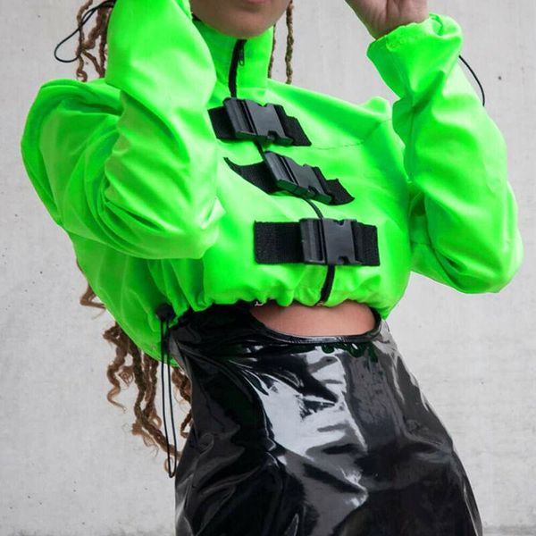 

women's jackets fashion ladies cool overcoat neon green zipper buckle windbreaker jacket long sleeve casual streetwear elastic drawstri, Black;brown
