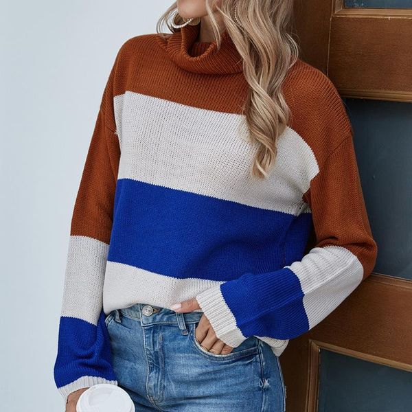 

donsignet women's sweater fashion spring and autumn high neck pullover striped stitching knitted long sleeves woman sweaters, White;black