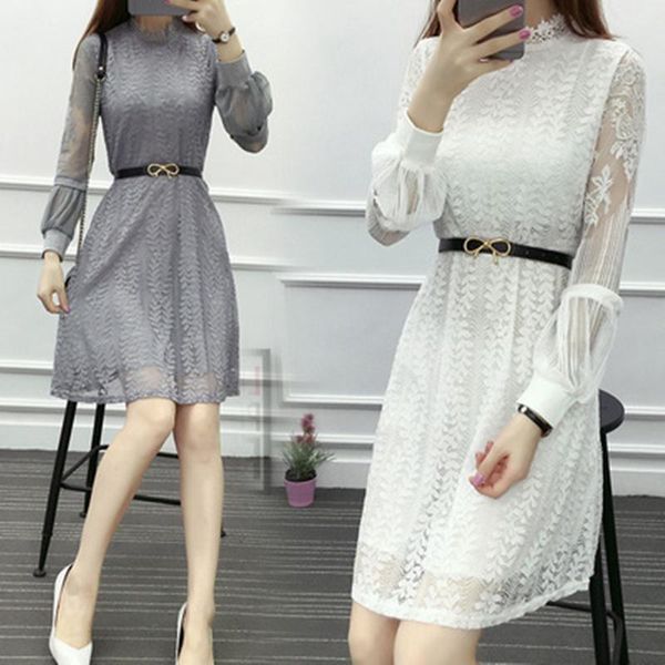 

casual dresses s-3xl 2021 spring autumn women elegant lace belt plus size patchwork hollow slim long lantern sleeve ladies dress, Black;gray