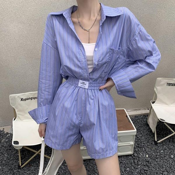 

women's tracksuits 2021 autumn 2 piece set women loose shirt blouse + elastic waist shorts sets korean fashion casual two pant suits, Gray