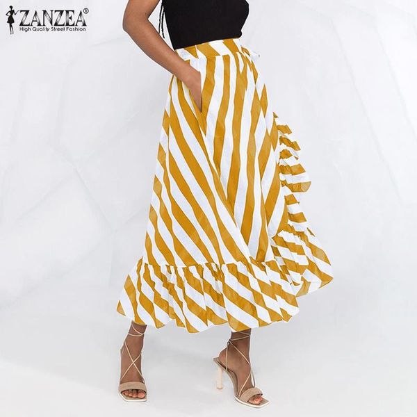 

skirts stylish 2021 summer ruffle print midi women casual striped bandage bottoms ol a-line skirt plus size 0bxo, Black