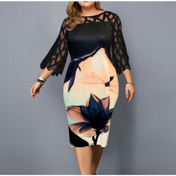 

women's plus size sheath dress butterfly round neck print 3/4 length sleeve fall summer work casual midi dress daily dress m0p2#, Black