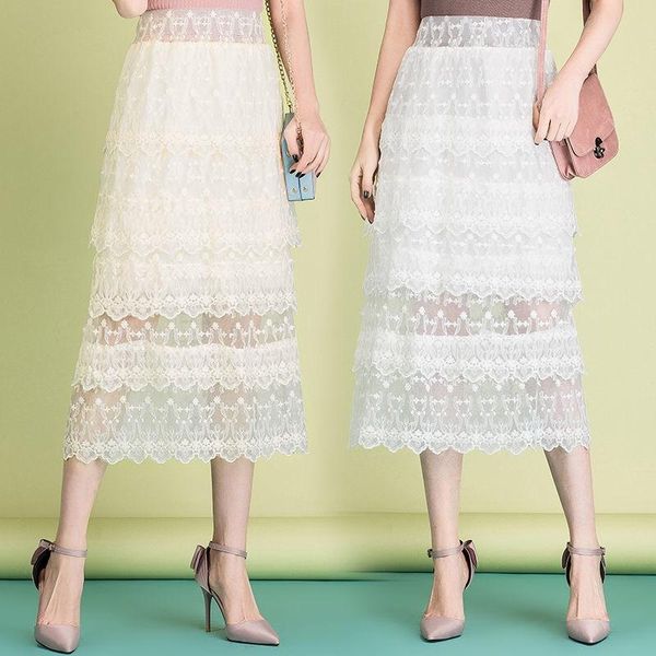 

skirts summer fashion ladies womens elastic high waisted white beige lace skirt , 2021 casual women ruffles mid calf layer, Black