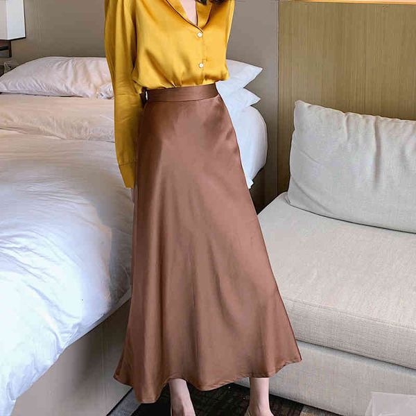 

skirts casual soft satin skirts women office ladies high waist zipper female a-line skirt mid-length spring summer fagg, Black