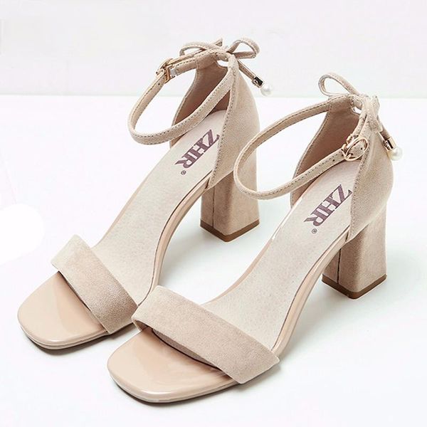 

bead ankle strap women casual sandals summer high heel shoes buckle ladies office work sandalias gladiator beige dress, Black