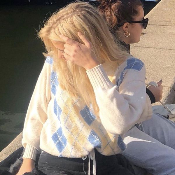 

casual plaid argyle sweater ladies vintage knit jumper women autumn winter pullover knitwear women's sweaters, White;black