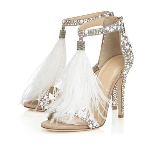 

sandals ippeum women pumps summer brand fur rhinestone feather high heel white wedding shoes apricot, Black