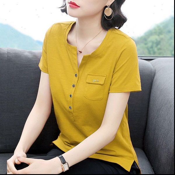 

women blouses summer middle aaged short sleeve solid blouse female v neck cotton fashion slim shirt pullover, White